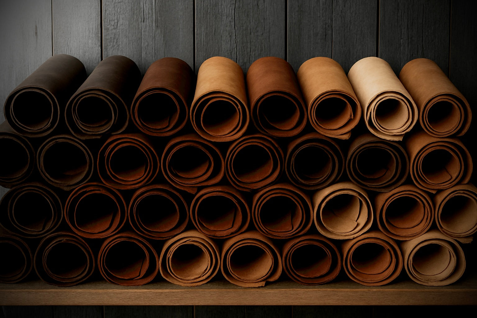 Rolls of leather in the JP workshop